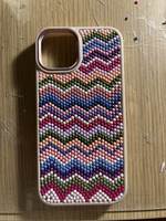 Coque de téléphone artisanale personnalisée en argent et or, ornée de perles, motif floral, broderie au point de croix, forme ronde colorée