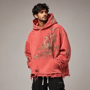 <b>Men</b> Distressed Embroidery Hoodie Vintage Streetwear <b>Pullover</b> Casual Sweatshirt with Stylish Graphic Detailing For daily use - Product Image 1