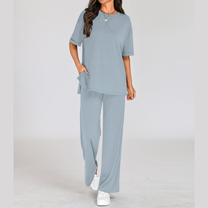 Conjunto de 2 Piezas para Mujer, Tejido, Holgado, Color Sólido, Cuello Redondo, Pantalones Largos de Pierna Ancha, Informal, Transpirable, de Algodón, para Todas las Temporadas - Product Image 4