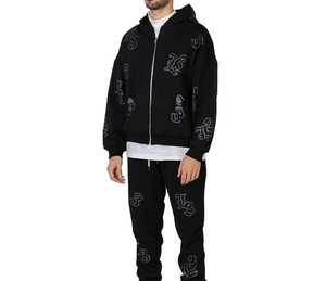 Ensemble de survêtement streetwear entièrement orné de strass, avec sweat à capuche zippé et pantalon évasé brodé effet délavé - Product Image 1