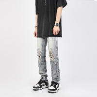 Jean en denim premium pour homme, taille mi-haute, coupe droite, en coton écologique, style streetwear, brodé, délavé clair, effet usé, pour l'été et le printemps