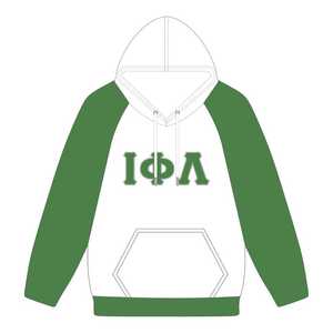 เสื้อฮู้ดแขนยาวสีขาว Iota Phi Lambda Sorority พร้อมแขนเสื้อสีเขียวมรกต ลายตัวอักษรกรีก เสื้อผ้าลำลองสำหรับผู้หญิง - Product Image 1
