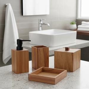 Ensemble d'accessoires de salle de bain en bois, idéal pour le comptoir de la maison, la coiffeuse de bureau et les espaces de travail partagés, fabriqué à la main en Inde - Product Image 5