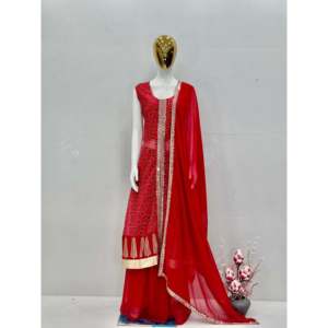 Conjunto de Pantalones Plazzo y Dupatta Étnicos Rojos de Diseñador ST con Corte Elegante, Talla M - Product Image 2