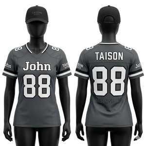 Camiseta de fútbol americano para mujer, poliéster premium, malla gris oscuro, tela transpirable, panel de manga con franja, logotipo personalizado por sublimación - Product Image 6