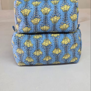 <b>Makeup</b> Organizer Bag Set of 3 Travel Toiletry Pouch Soft Quilted Cotton Blue Color Cosmetic Storage Zipper Case for Women - Product Image 1