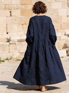 Robe longue bohème pour femme en coton et lin bleu marine, manches longues, col rond, coupe ample, unie, fluide, décontractée, pour l'été - Product Image 5