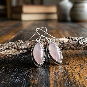 Pendientes de Cuarzo Rosa Natural con Forma de Marquesa, Plata de Ley 925, Chapados en Oro Rosa y Oro Amarillo, Joyería Boho Vintage Hecha a Mano para Ella - Product Image 1