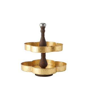 Bandeja de Servir Rústica Vintage de Metal Corrugado Dorado con 2 Niveles y Asa, Soporte Redondo de Hierro de Dos Niveles para Pasteles y Postres - Product Image 4