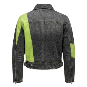Veste en jean noire délavée pour homme Dravelle, style motard, respirante, avec panneau vert néon personnalisé, fermeture éclair asymétrique, streetwear cyberpunk - Product Image 2