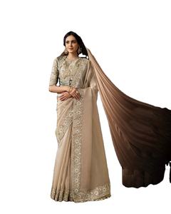 Sari Tradicional Zareen Royale de Organza y Satén con Bordado Zari para Mujer - Ideal para Bodas y Fiestas de Invierno, Antiarrugas y Absorbente de Humedad - Product Image 1