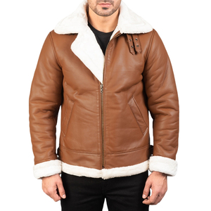 Veste en cuir véritable marron pour homme, doublée de fourrure Sherpa, fermeture éclair, style motard, manteau d'hiver - Product Image 5