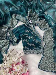 Indian Katan Saree Latest Designer Party Festival Wear Wedding Women's Cotton Embroidery Work Sari Blouse Ethnic <b>Machine</b> 79976 - Product Image 1