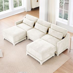Divano a Tre Posti in Tessuto Chenille di Alta Qualità con 2 Pouf Mobili, Elegante Cuscino Lombare e Base in Legno Resistente per Soggiorno - Product Image 2