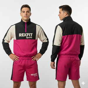 Ensemble de survêtement coupe-vent deux pièces Rexfit Sports de haute qualité pour hommes – Veste zippée et short en nylon – Vente en gros - Product Image 2