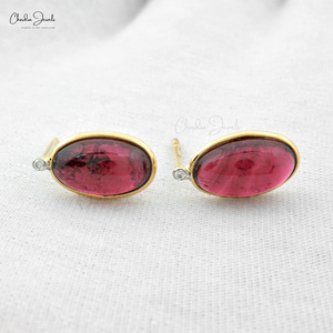 Latest Design 12x7 Oval Cabochon Pink Tourmaline & Diamond <b>Studs</b> <b>Earring</b> in 14k <b>Fine</b> Yellow Gold Wedding Anniversary Gift - Product Image 5