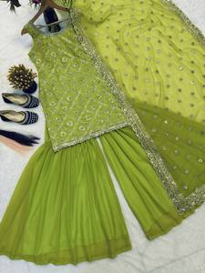 Trajes Salwar Kameez Sharara para Mujer, Diseño Reversible, Corte Ajustado, Largo Midi, Tela Faux Georgette, Ideal para Diwali, Invierno, Verano, Bodas y Fiestas - Product Image 6