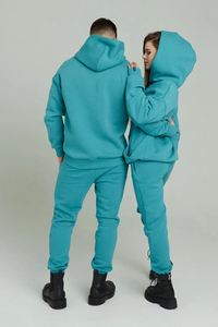 Private <b>Label</b> 100% Cotton Matching Men Women Turquoise Hooded Sweatsuit Set Fleece Jogger Tracksuit OEM Manufacturer - Product Image 3