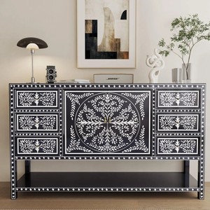 Una clásica mesa consola de madera marrón adornada con intrincados detalles de incrustaciones de hueso blanco, disponible a precios de mayorista. - Product Image 4