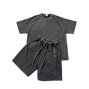 350 gsm <b>Knitted</b> Acid Washed Street wear Summer Custom Logo Unisex 100% Cotton Fashion T-Shirt and Shorts <b>Set</b> - Product Image 1