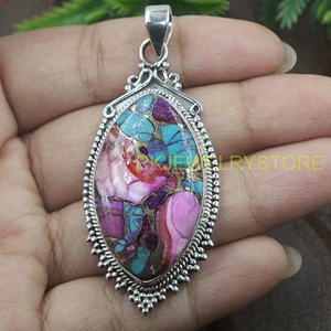 จี้เงินแท้ 925 สีชมพู สีฟ้า ประดับด้วยทองแดงและเทอร์ควอยซ์ งานฝีมือฝังแบบโมเสก สไตล์วินเทจ โบโฮ เครื่องประดับสำหรับผู้หญิง ของขวัญ - Product Image 4
