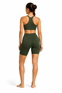 Olive <b>Green</b> Plus Size Solid 2 Piece Yoga Set Crew Neck Racerback <b>Crop</b> <b>Top</b> High Waist Biker Shorts Seamless Eco-Friendly - Product Image 3