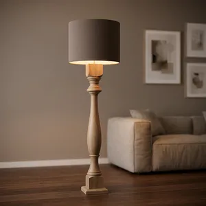 Lampadaire Robbia en bois rustique brun foncé avec abat-jour en tissu pour salon, chambre à coucher, décoration intérieure - Product Image 2
