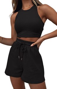 Conjunto Deportivo para Mujer, Top Corto Acanalado Transpirable y Pantalones Cortos Deportivos Elásticos, Ropa de Entrenamiento - Product Image 6