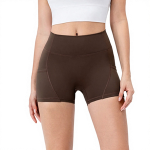 Shorts de vélo marron taille mi-haute pour femme, personnalisables, avec poches, respirants, en polyester/nylon tricoté, coupe sportive, élastique uni - Product Image 1