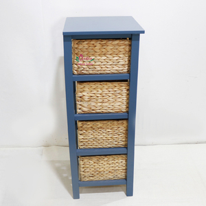 Étagère de rangement en bois bleu avec 4 paniers en jonc de mer, mobilier scandinave moderne pour la maison, design autoportant - Product Image 3