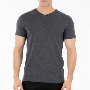 T-shirt pour homme en coton uni gris foncé à col en V, manches courtes, coupe ajustée, couleur unie, basique, premium, confortable, respirant, doux - Product Image 1