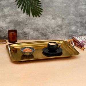 Hot Selling <b>Gold</b> Stainless Steel <b>Serving</b> <b>Tray</b> with Handles Rectangular Platter for Kitchen Dining Snacks Tea Coffee - Product Image 3