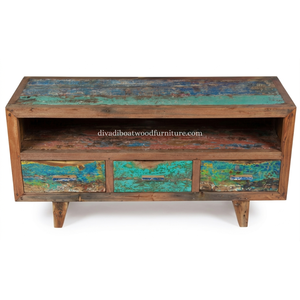 Reclaimed Boat Wood TV <b>Cabinet</b> 3 Drawer Chinese Style Solid Wood <b>Rustic</b> Recycled Boat Wood Sustainable Design For Stand TV - Product Image 1