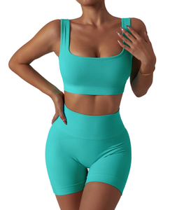 Ensemble de yoga sans coutures pour femmes, tissu extensible et respirant, short taille haute et soutien-gorge de sport, évacuation de l'humidité, coupe ajustée, OEM - Product Image 1