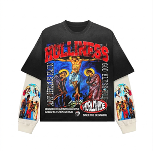 Camiseta Premium de Doble Capa de Algodón Felpa de 240 GSM, Negra, con Estampado Gráfico Desgastado, Manga con Panel y Logotipo Personalizado - Product Image 5