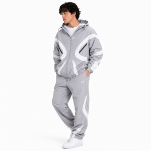 Hot Selling Customized <b>Light</b> Grey Reflective Tracksuit Men’s Hooded Windbreaker Set Premium Activewear OEM Bulk Hoodies Supplier - Product Image 2