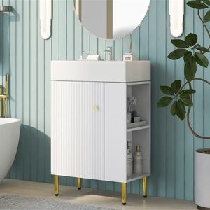 Mobile bagno bianco da 21,6 pollici in legno massello e PVC con specchio LED, mobiletto e lavabo singolo in ceramica, con vano contenitore a destra - Product Image 3