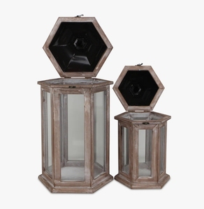 Juego de Faroles de Madera para Velas, Portavelas Hexagonal Vintage con Techo de Metal, Lámpara Decorativa Rústica Tipo Huracán para Decoración del Hogar y Jardín - Product Image 1