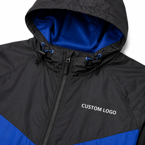 <b>Men's</b> <b>Black</b> Blue Color Blocking Hooded <b>Windbreaker</b> Jacket Waterproof Zipper Closure Sporty Style Front Logo Regular Fit Jacket - Product Image 6