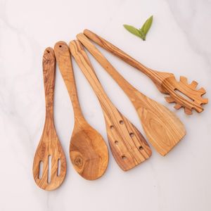 Juego de Utensilios de Cocina de Madera de Olivo de 5 Piezas, Cucharas, Espátulas y Cuchara para Espaguetis - Product Image 5