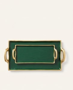 Juego de 2 bandejas modernas de metal esmaltado verde oscuro con asas doradas, bandejas rectangulares decorativas para servir en mesa de centro o otomana. - Product Image 1