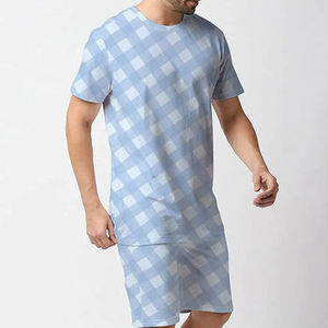 Ensemble de vêtements de nuit en coton à carreaux bleu clair pour homme, pyjama décontracté d'été à manches courtes, tissu tricoté respirant - Product Image 2
