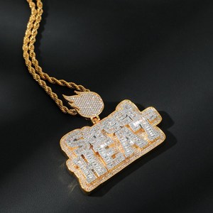 ICEQ JEWELLERY Iced Out Gold Plated Moissanite Pendant with Baguette Cut Letters and Flame Charm Hiphop Style Unisex Jewelry - Product Image 1
