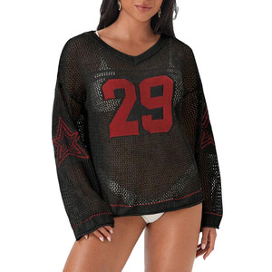 Vente en gros de pulls en jersey tricoté pour femmes, maille ajourée, taille XXL, numéro 29, col en V, transparent, streetwear, maillot de football américain - Product Image 1