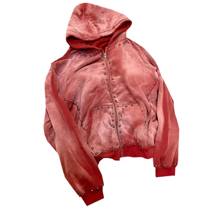 Sweat-shirt à capuche zippé oversize en velours rouge, coupe courte unisexe, pour l'automne, avec broderie de perles, manches classiques - Product Image 1