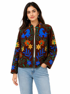Veste en velours côtelé brodée à la main, col mandarin, manches longues, fermeture éclair, motif floral, style automne, veste pour femme - Product Image 2