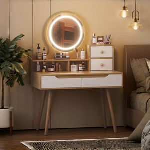 Adjustable Lighted 3 Mirror Makeup Vanity Desk with Solid Wood <b>Table</b> <b>Feet</b> 4-Drawer 3-Open Dressing <b>Table</b> Set - Product Image 3