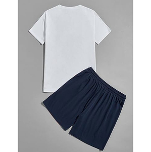 Ensemble T-shirt blanc à col rond pour homme avec short bicolore rouge et bleu marine, séchage rapide, tenue décontractée d'été - Product Image 2