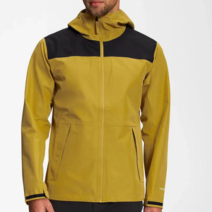 <b>Men's</b> Yellow Hooded <b>Waterproof</b> <b>Jacket</b> Color Blocking Sporty Zipper Closure Polyester Shell Autumn Wear Raincoat - Product Image 1