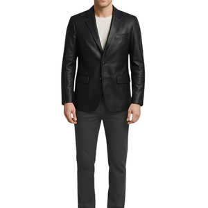 <b>Men's</b> Black Genuine <b>Leather</b> <b>Blazer</b> Single Breasted Slim Fit Smart Casual Jacket - Product Image 1